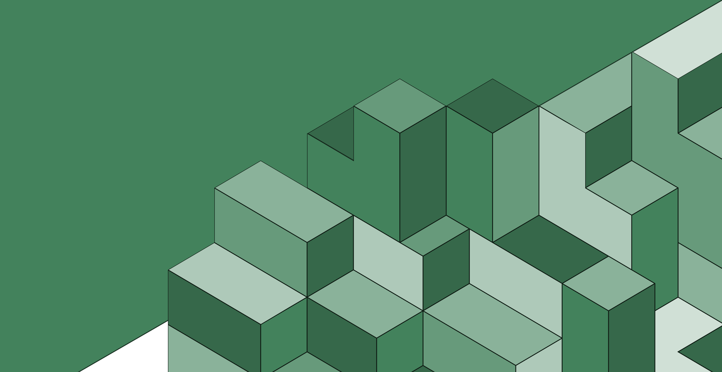 Abstract isometric geometric pattern of interconnected green blocks on a darker green background.