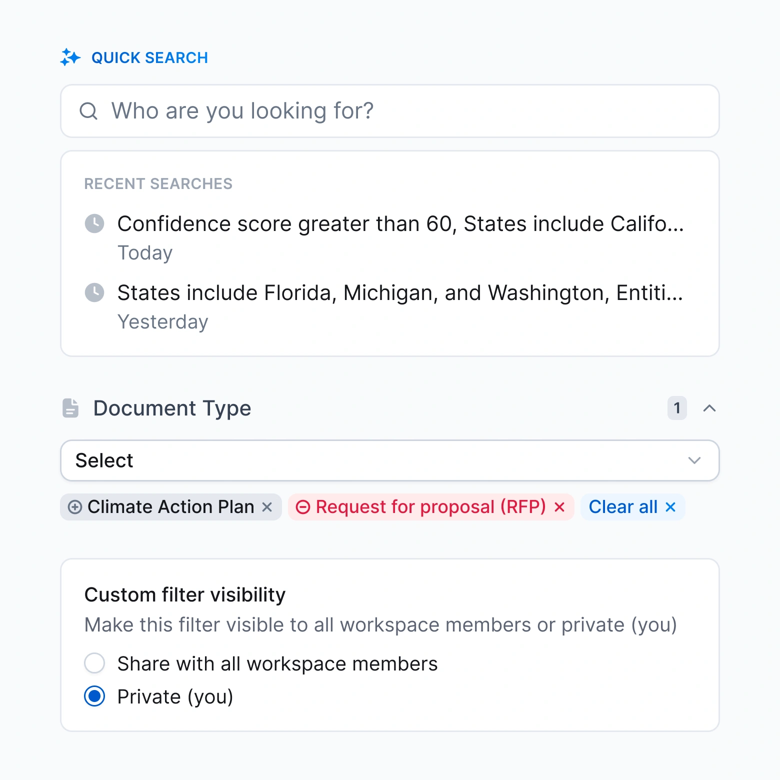 Sneak peeks of Pursuit's new Quick Search, Document Filtering, and Custom Filters Visibility
