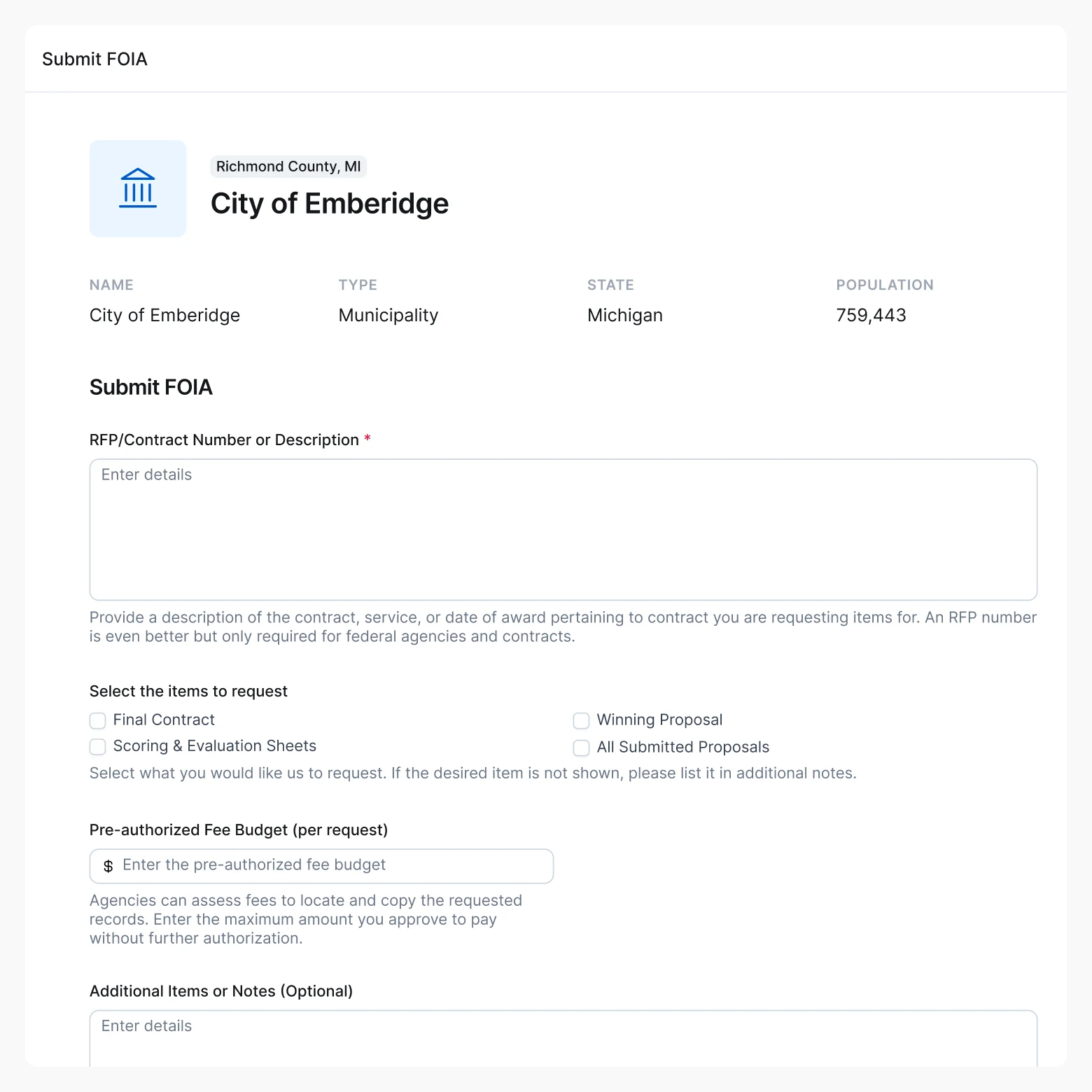 A screenshot of the "Submit FOIA" screen