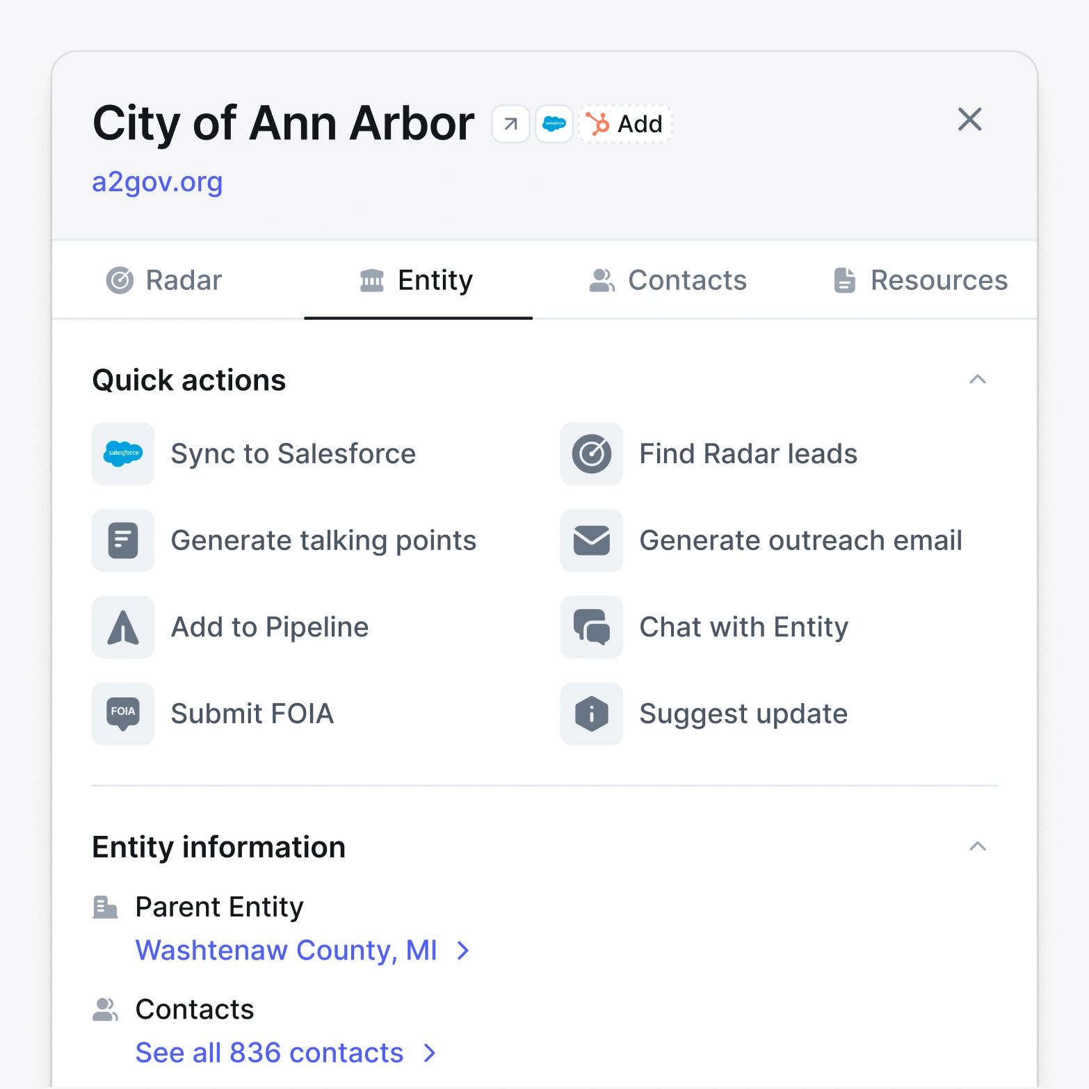 Pursuit's Chrome extension showing City of Ann Arbor entity with quick action options like Sync to Salesforce, Generate talking points, Add to Pipeline, and Submit FOIA, along with entity information including parent entity Washtenaw County, MI, and a link to 836 contacts.