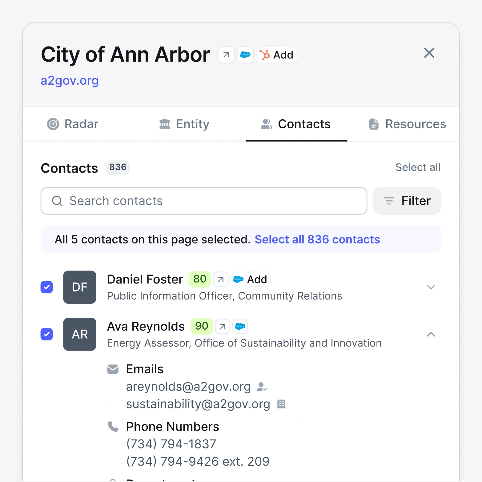 Pursuit's Chrome extension with contact list from City of Ann Arbor with 836 total contacts, showing Daniel Foster, Public Information Officer, and Ava Reynolds, Energy Assessor with emails and phone numbers.