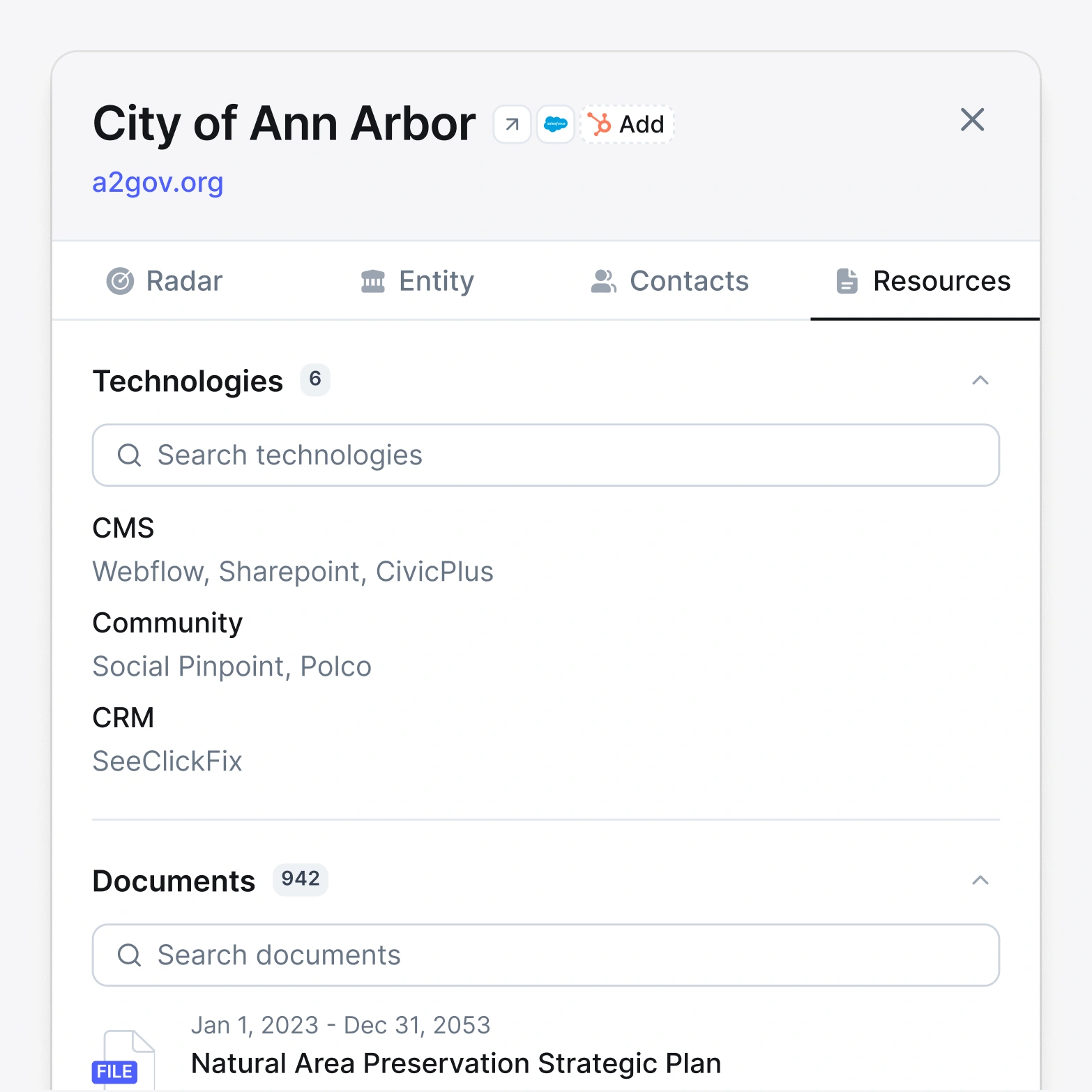Pursuit's Chrome extension showing City of Ann Arbor’s technologies and documents including CMS (Webflow, Sharepoint, CivicPlus), Community (Social Pinpoint, Polco), CRM (SeeClickFix), and a document titled Natural Area Preservation Strategic Plan.