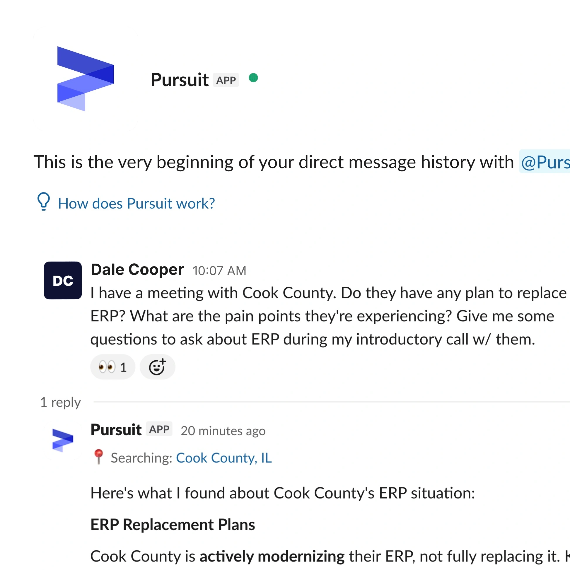 Screenshot of a chat between Dale Cooper and Pursuit app discussing Cook County's ERP replacement plans and modernization status.