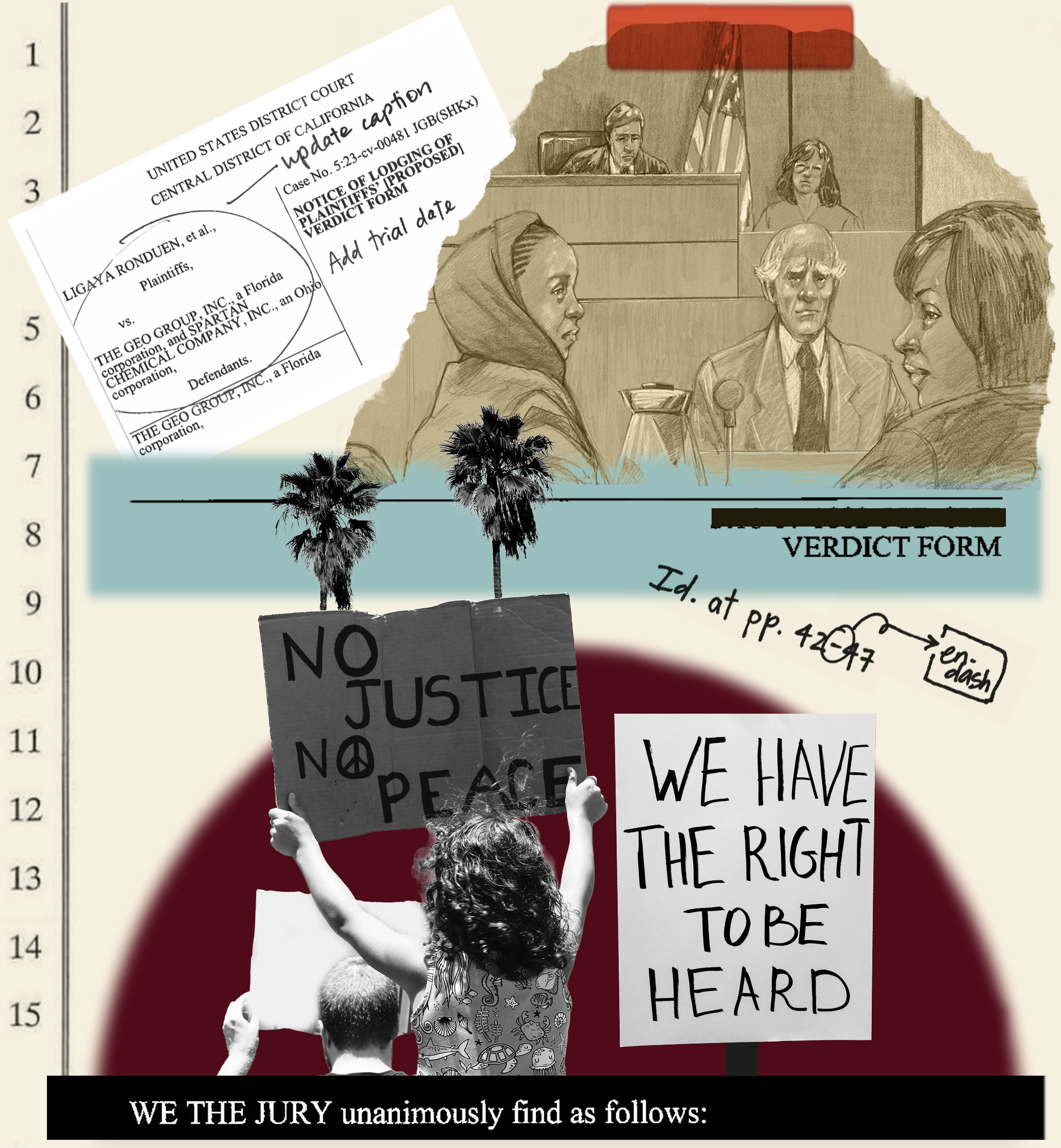 Collage depicting a courtroom scene with jury members and a judge, handwritten legal notes, and protesters holding signs saying 'NO JUSTICE NO PEACE' and 'WE HAVE THE RIGHT TO BE HEARD'.