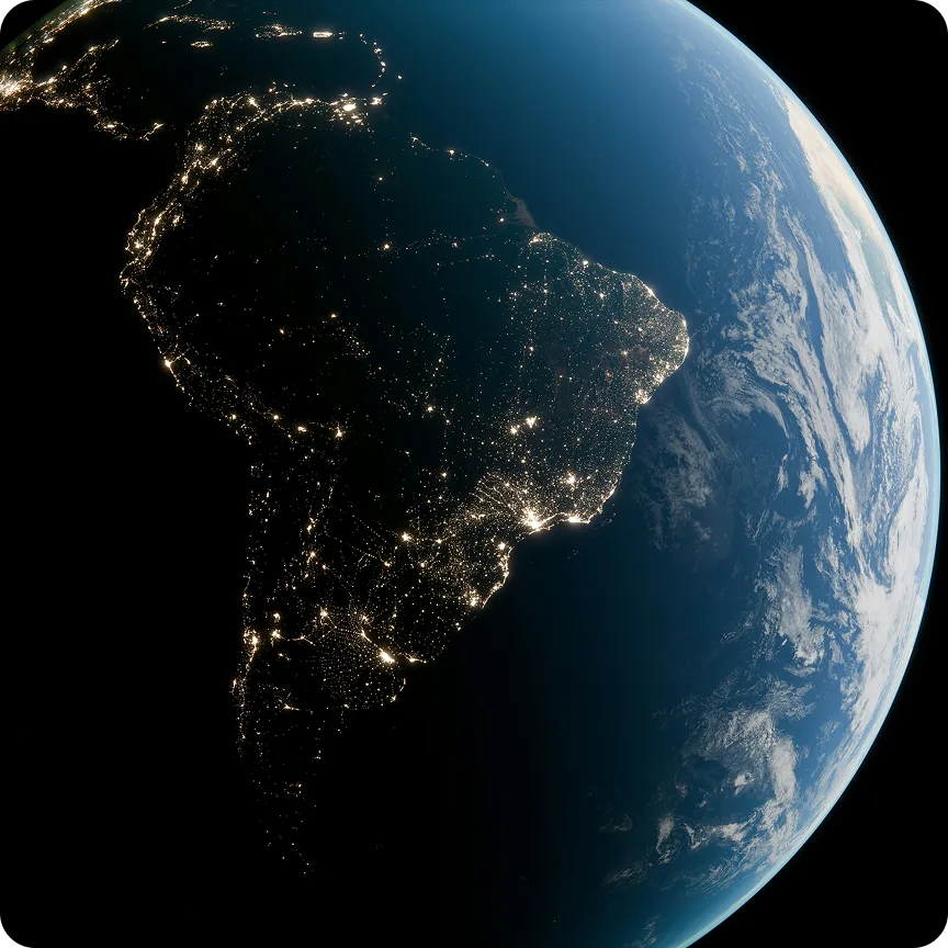Satellite view of South America at night showing city lights and the Earth's curvature with clouds over the ocean.