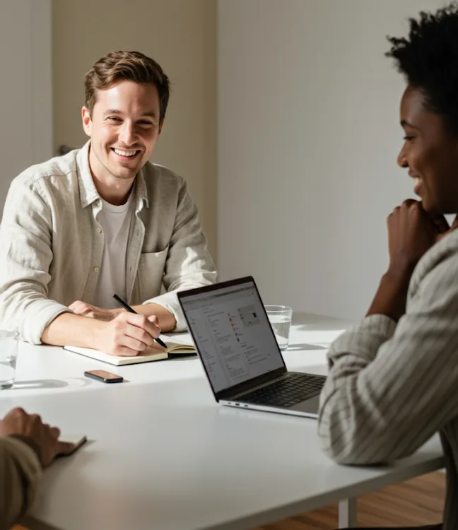 Two people sitting at a table talking with a laptop and notebooks, one man smiling and writing.