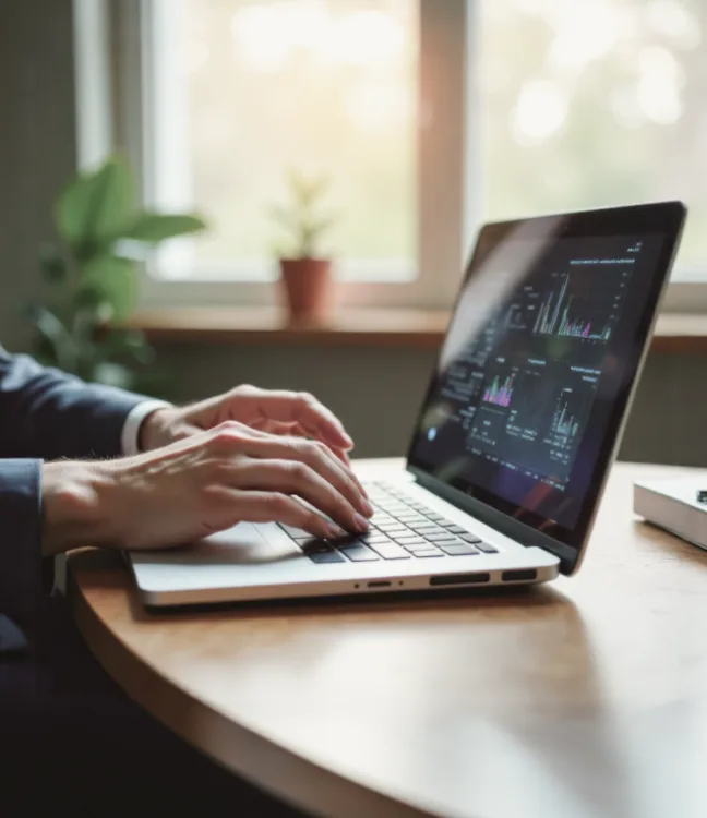 Person typing on laptop showing business data charts on screen near a window with plants.
