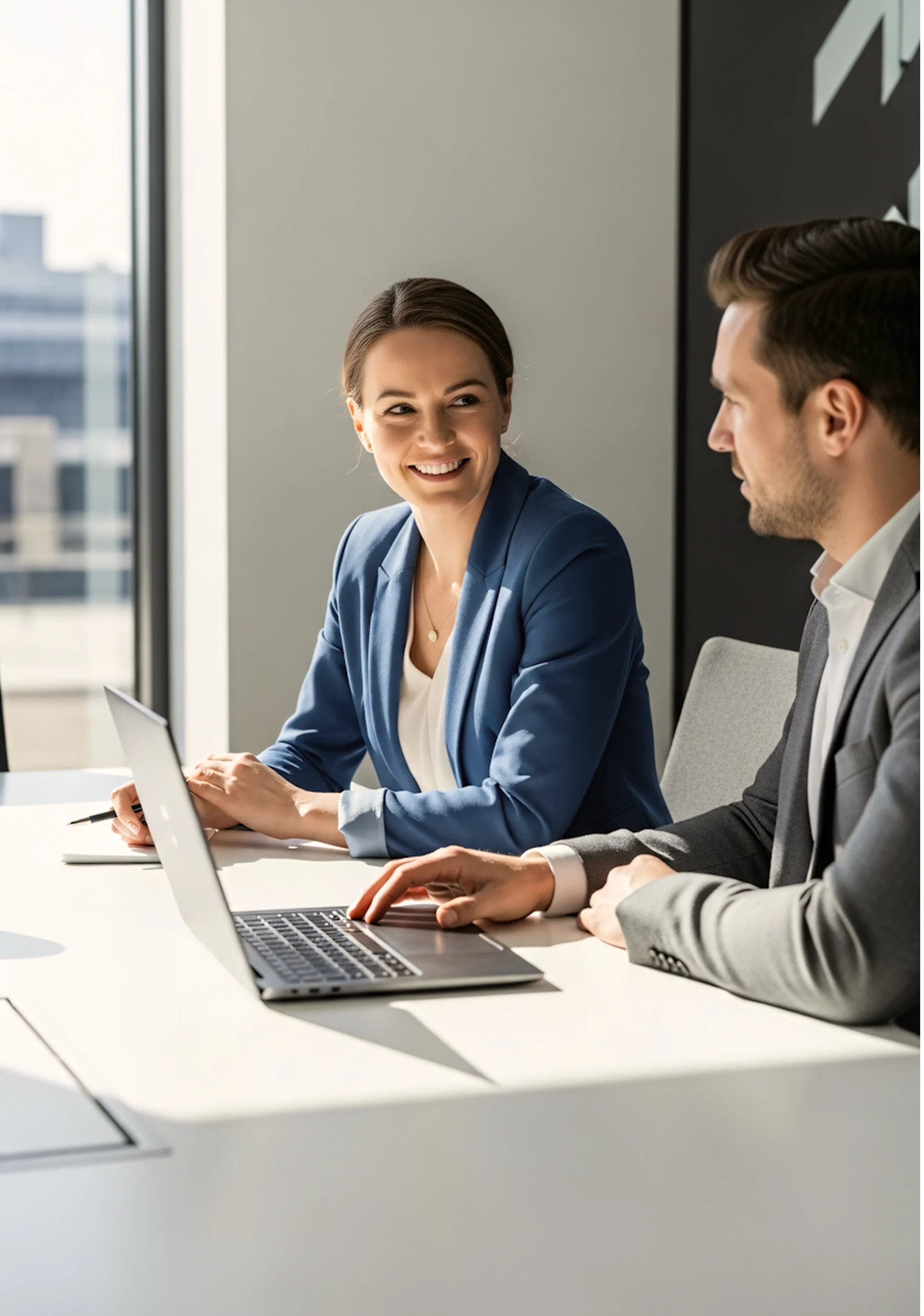 Two people sitting at a table with a laptop.