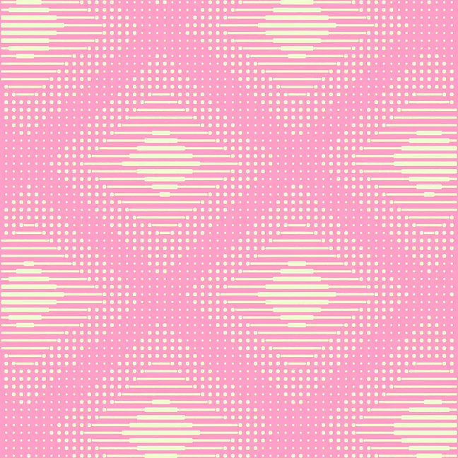 Geometric pattern with horizontal lines and dots forming diamond shapes on a pink background.