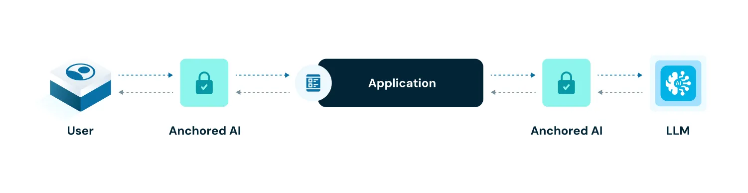 Diagram showing a user connecting to an application via anchored AI and LLM with secure lock icons between them.