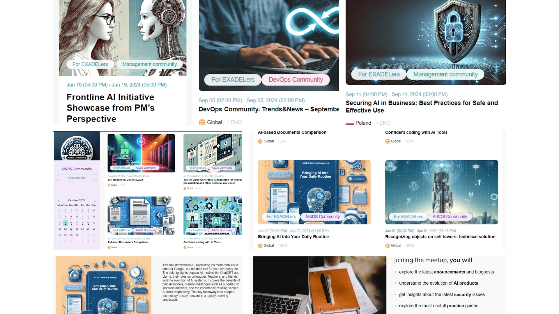 Collage of AI community event posters and announcements with futuristic and tech-themed visuals.