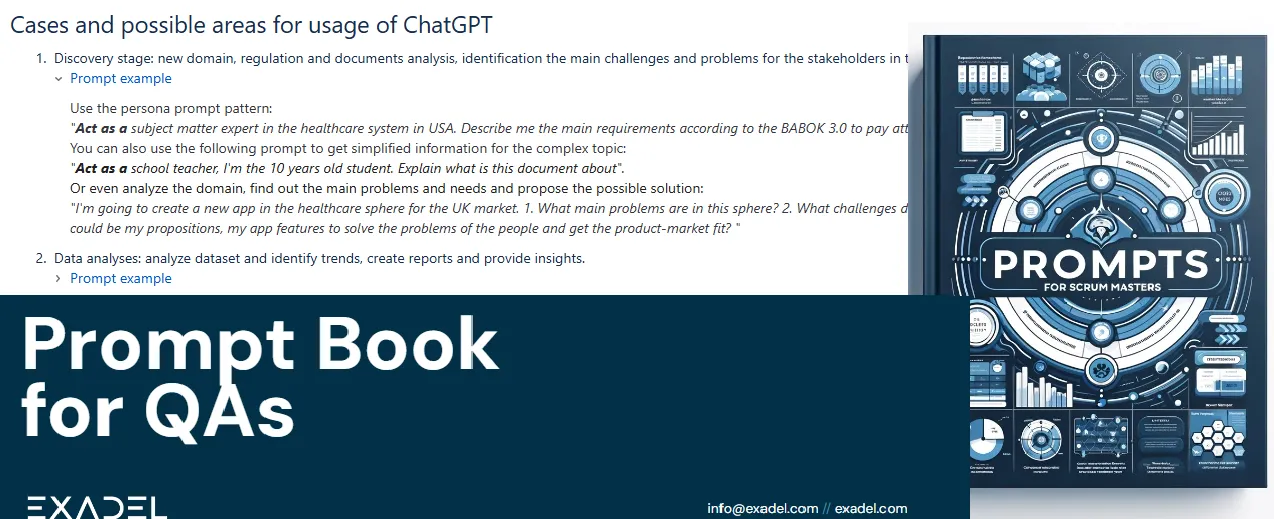 Text about ChatGPT usage cases, showing prompts for discovery and data analysis, and an image of a prompts book.