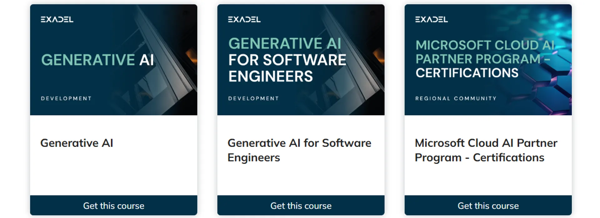 Three Exadel course cards: Generative AI, Software Engineers, and Microsoft Cloud AI Partner Program.