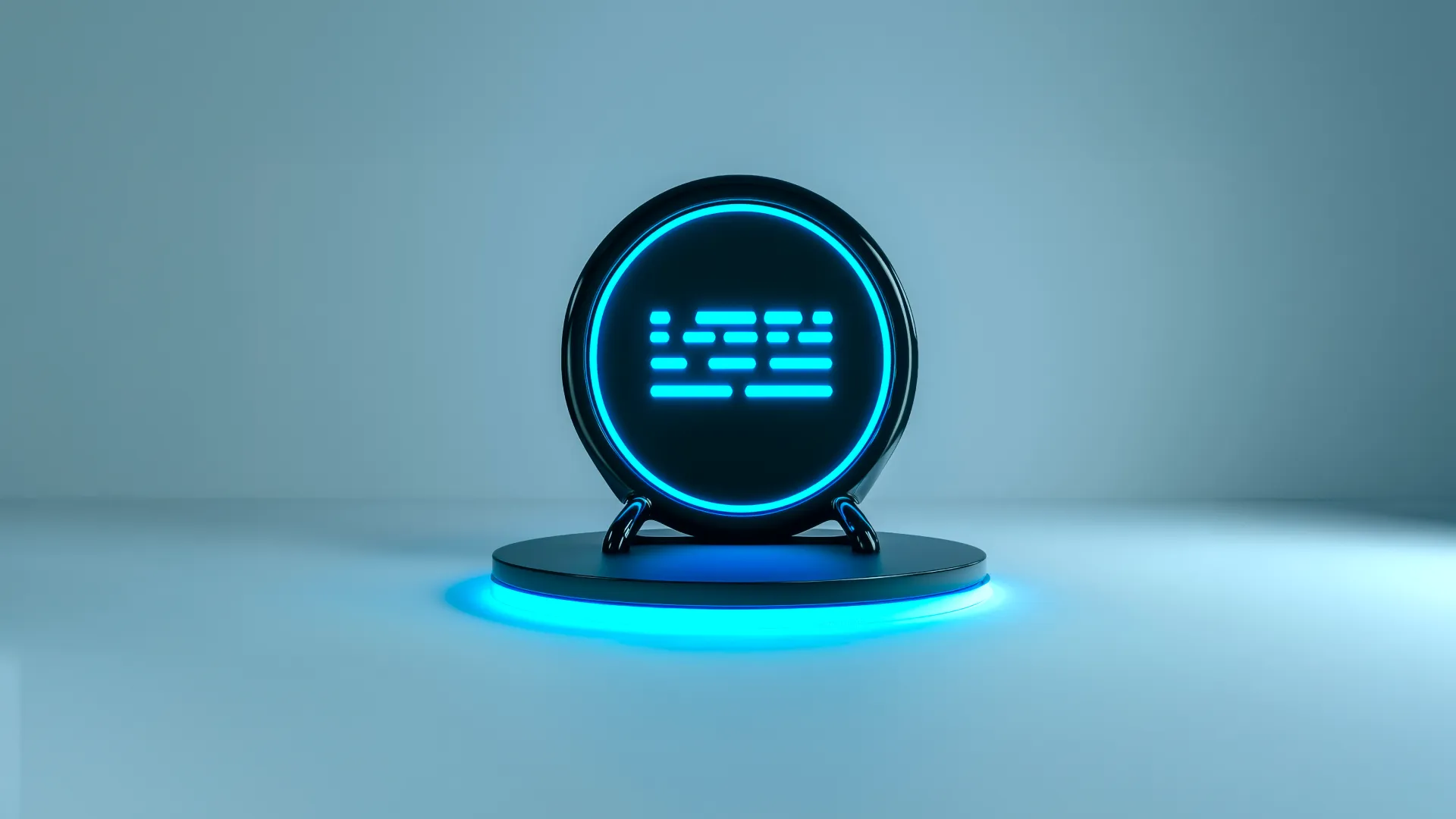 Circular black device with glowing blue digital lines on a round platform with blue light underneath.