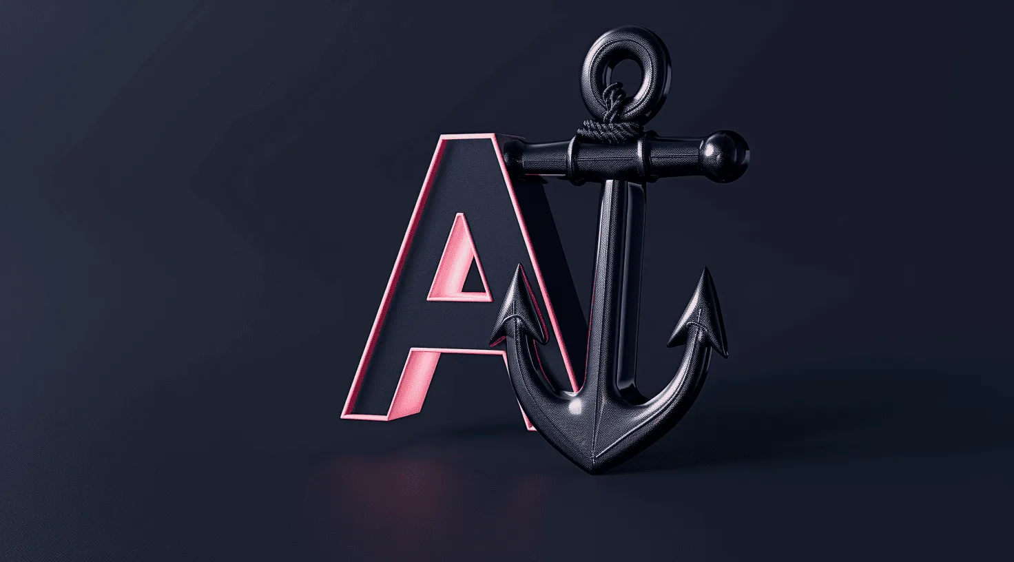 Black anchor leaning against a large black and pink letter A on a dark background.
