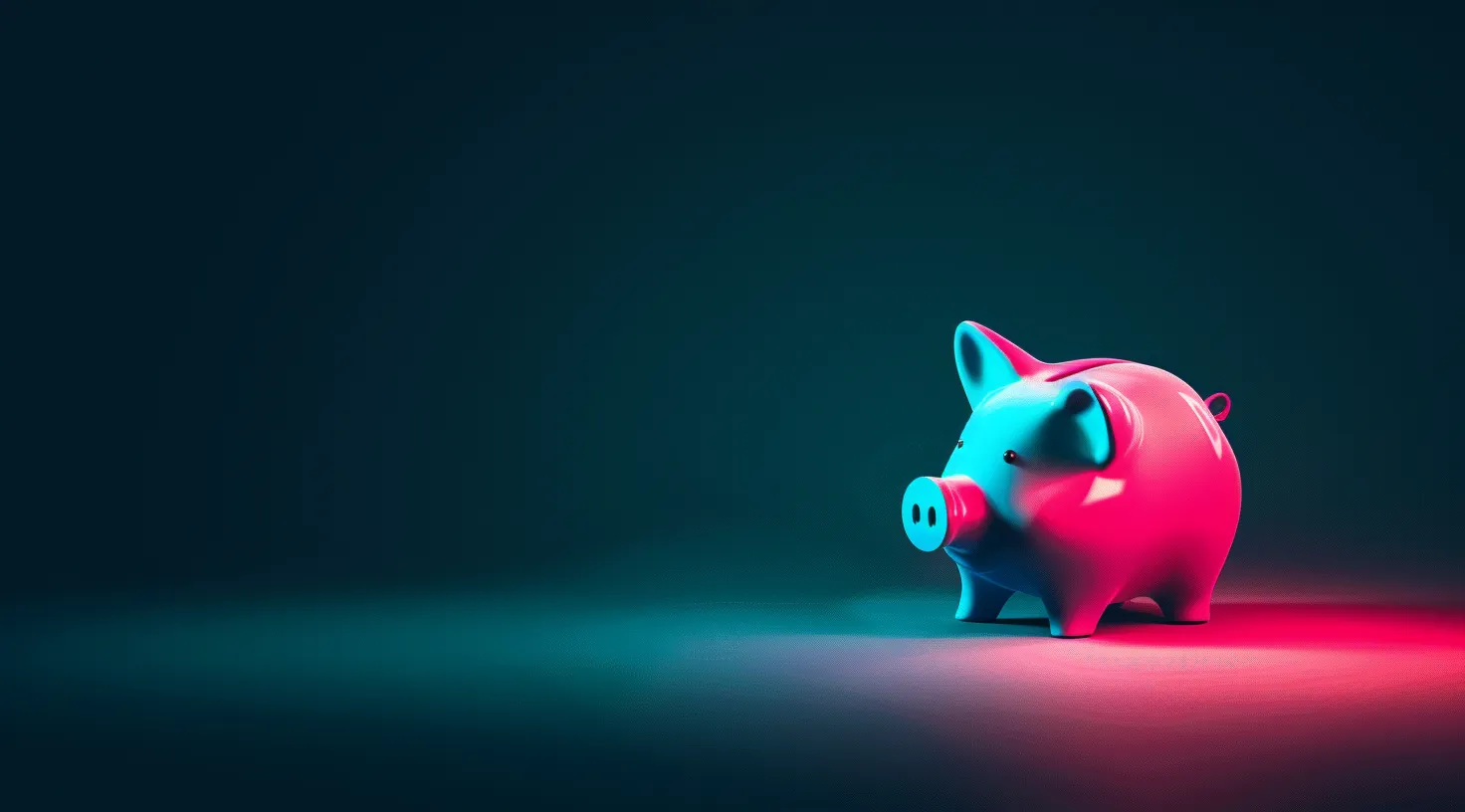 Pink piggy bank illuminated with blue and pink lights on a dark gradient background.