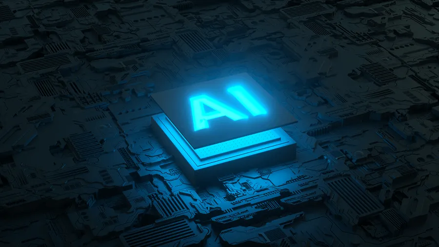 Glowing blue AI chip on a dark futuristic circuit board background.