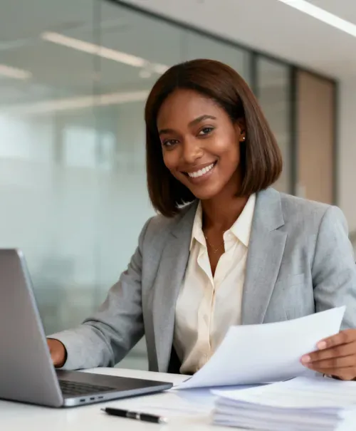 Smiling businesswoman in gray blazer working on laptop while holding documents at desk.