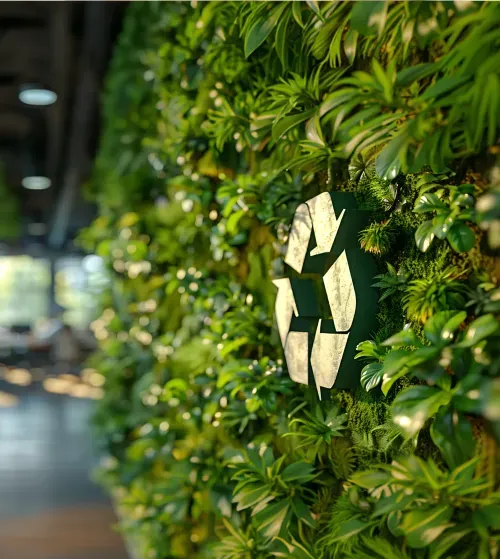 Green recycling symbol mounted on a leafy vertical garden wall inside a modern building.