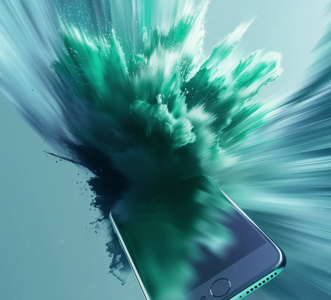 Smartphone with green and teal splash effect bursting from its screen on a blue background.