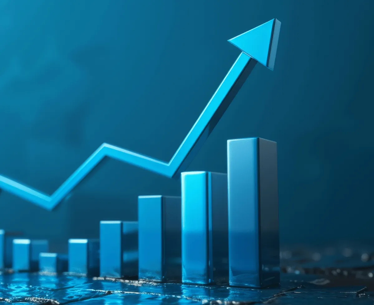 Blue 3D bar chart with an upward arrow indicating growth or rising performance.