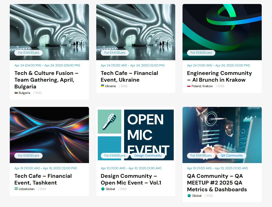 Six event cards with dates, locations, and titles including Tech & Culture Bulgaria and Open Mic Design event.