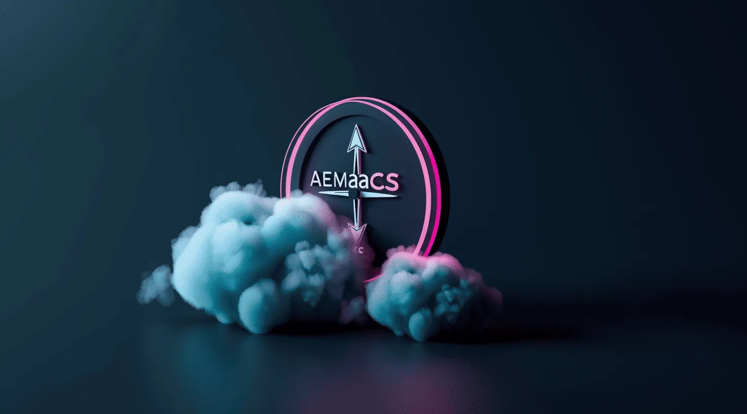 A circular logo with text 'AEMaaCS' and vertical and horizontal arrows surrounded by smoke.