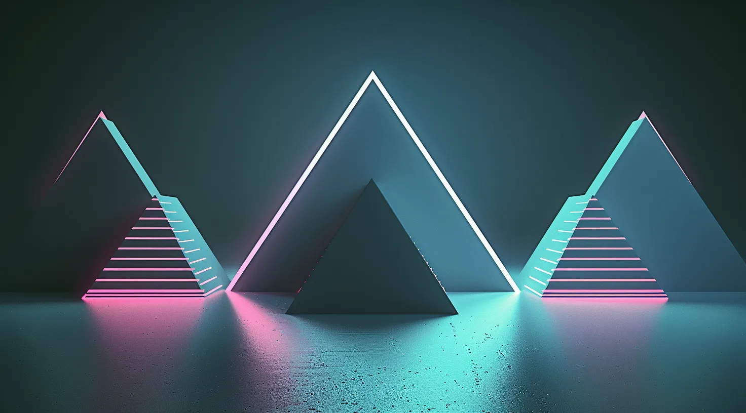 Three dark pyramids with neon pink and blue light outlining their edges and casting reflections.