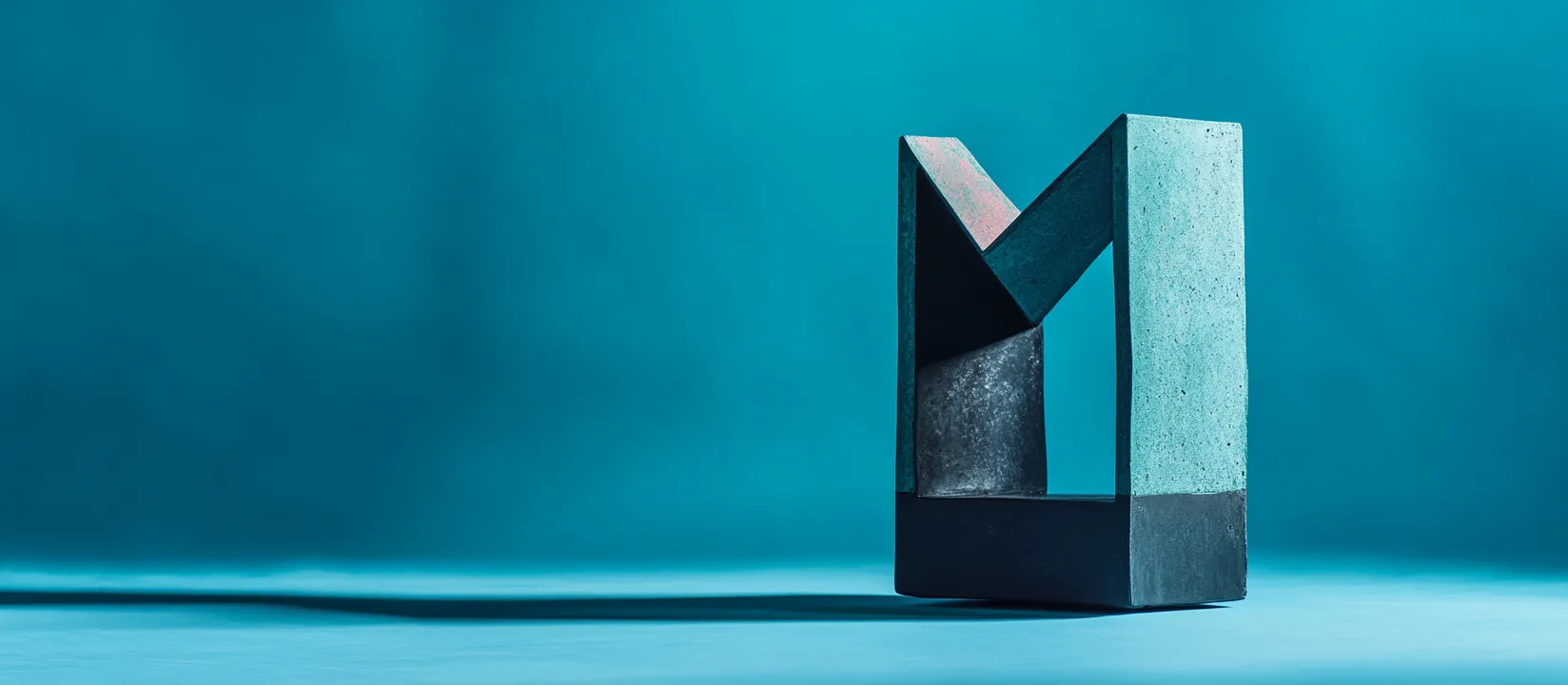 Modern abstract sculpture with geometric shapes casting a shadow on a blue background.