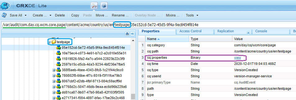 CRXDE Lite interface showing testpage directory and properties including cq:category, path, and cq:properties link.