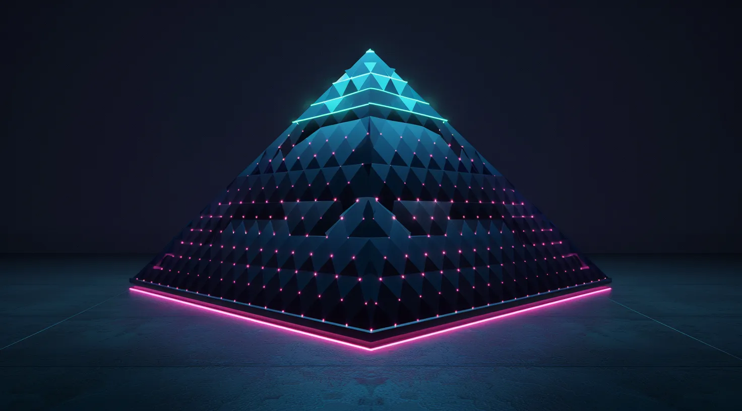Futuristic pyramid with geometric patterns lit by blue and pink neon lights in dark room.