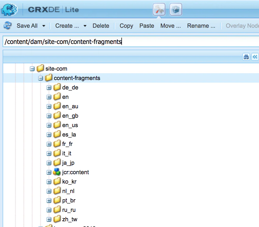 CRXDE Lite interface showing a folder structure with content fragments by language codes.