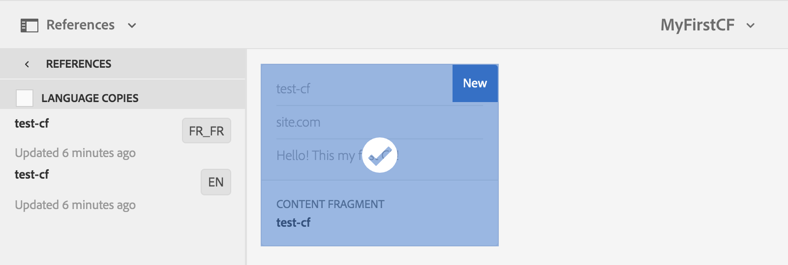 UI showing reference panel with language copies test-cf for FR_FR and EN and a content fragment named test-cf.