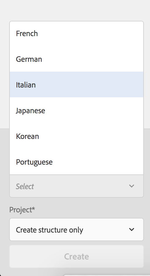 Dropdown menu with language options including French, German, Italian, Japanese, Korean, and Portuguese.