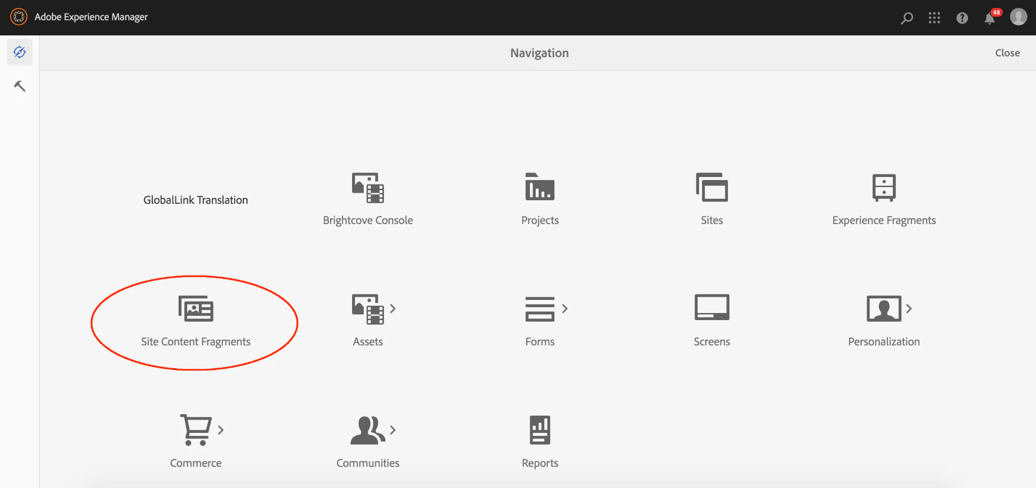Adobe Experience Manager navigation menu with Site Content Fragments icon circled in red.