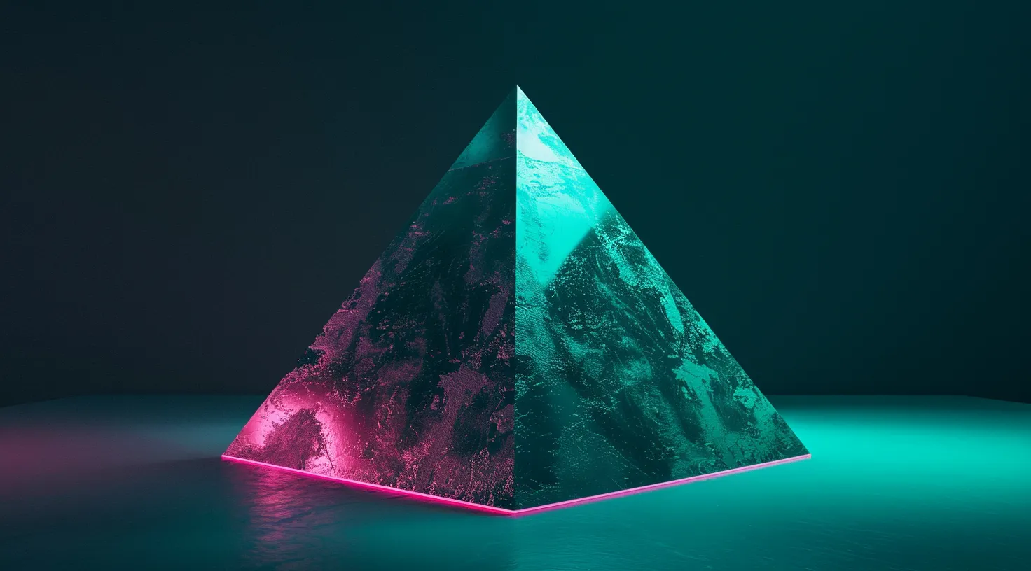 Glowing glass pyramid with pink and teal light reflections on a dark surface.