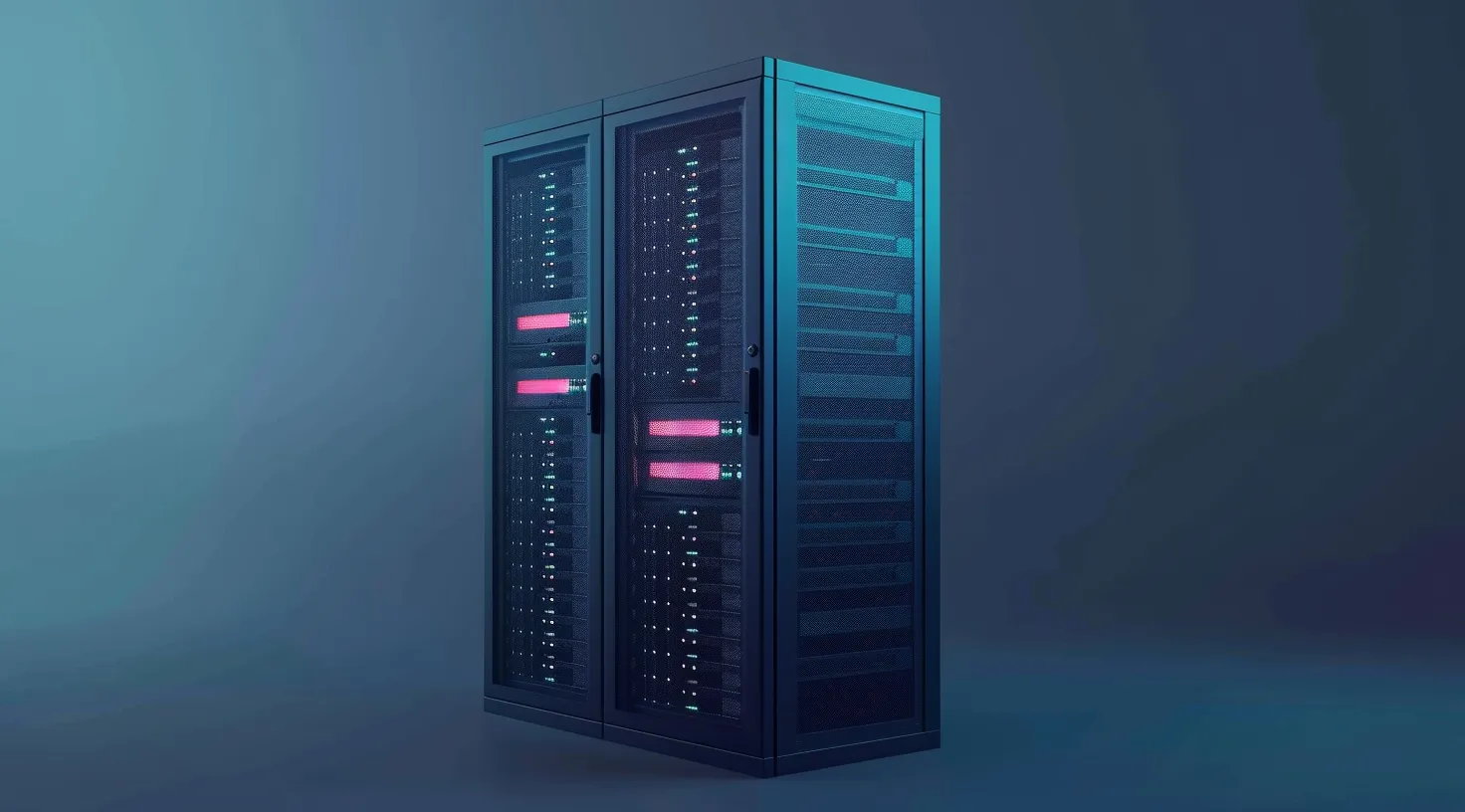 Two dark server racks with lit status LEDs and pink indicator lights in a dimly lit room.