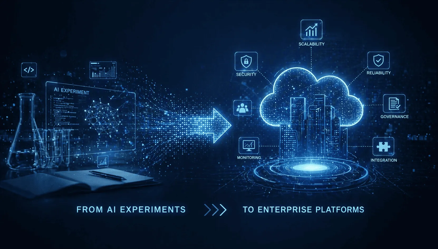 Digital arrow shows AI experiments on left transforming into a cloud with enterprise platform icons on right.