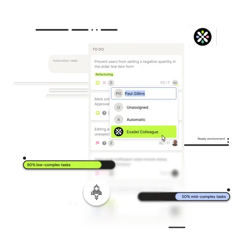 Task management screen showing to-do list, assignee options, and progress bars for complex tasks.