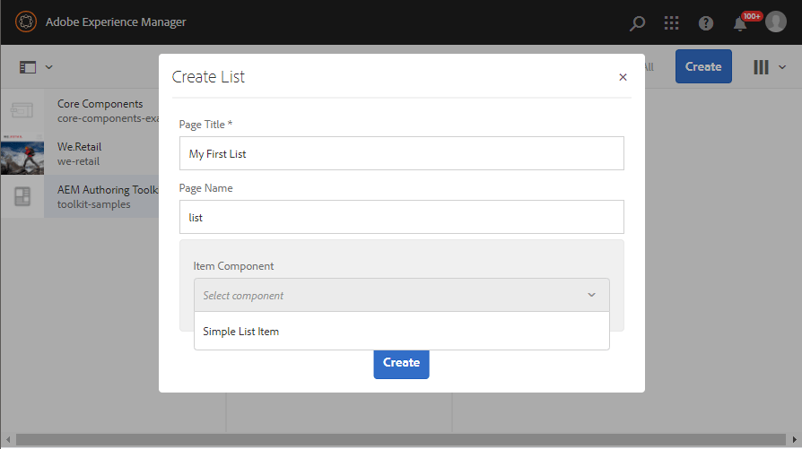 Specify the list’s title and select the item component