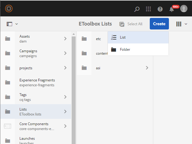 The example of EToolbox Lists Console