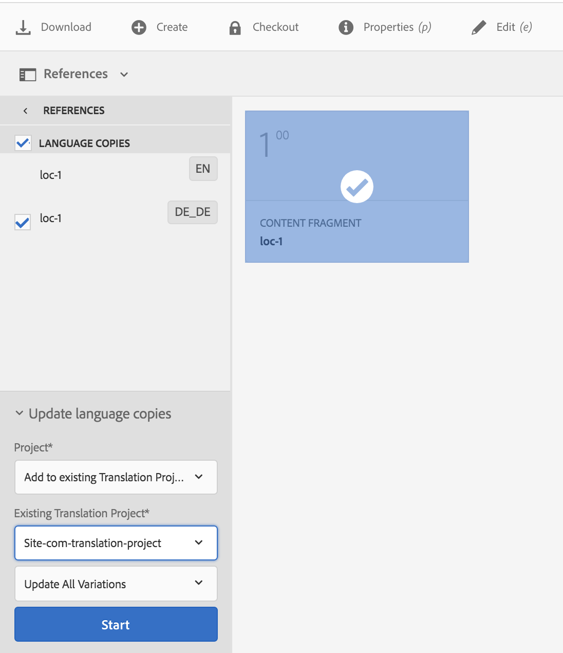 User interface showing language copies for translation with selected loc-1 copies in English and German.