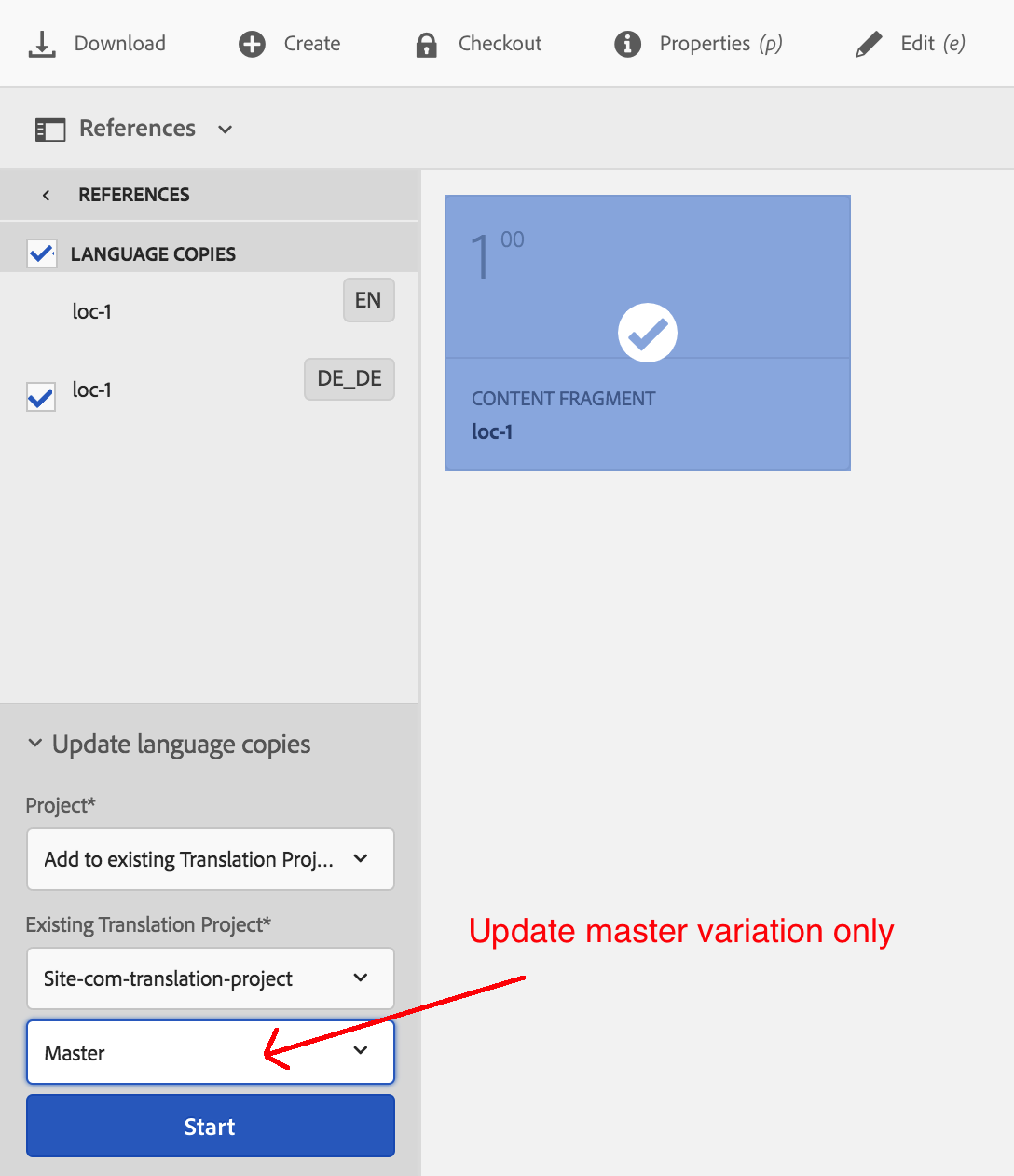 Content management interface showing language copies and option to update master variation only.