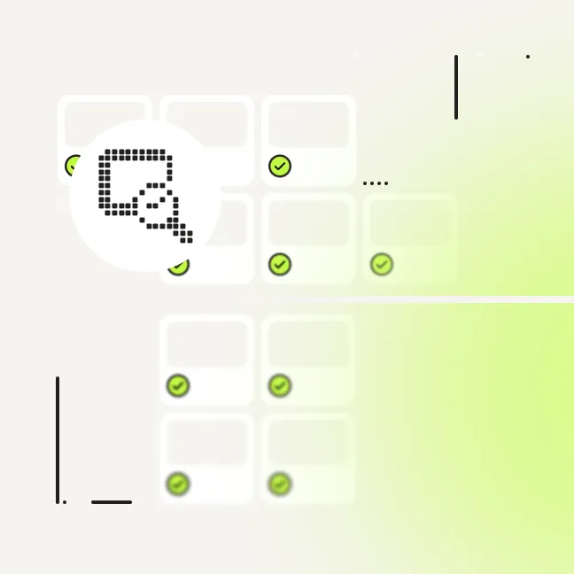 Pixelated magnifying glass icon over a grid with green check marks on some squares.