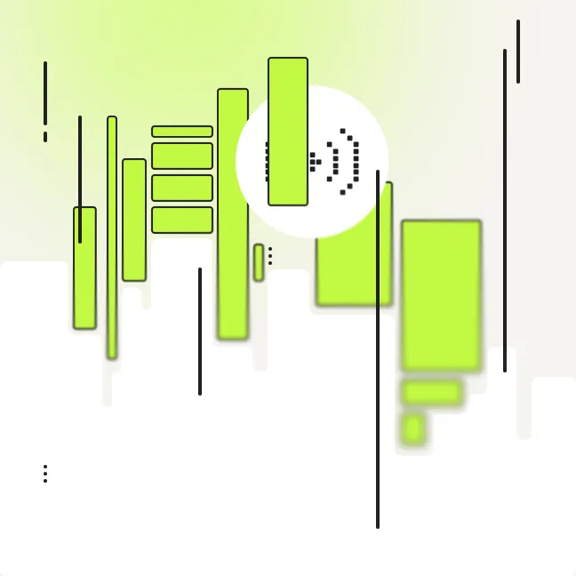 Abstract vertical green bars with black lines on a light gradient background and a white circle overlay.