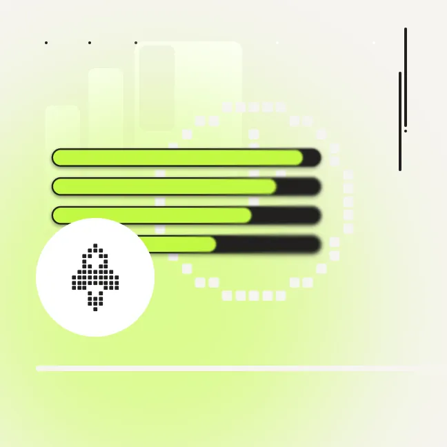 Green and black progress bars with a pixelated arrow icon in a white circle on light green background.