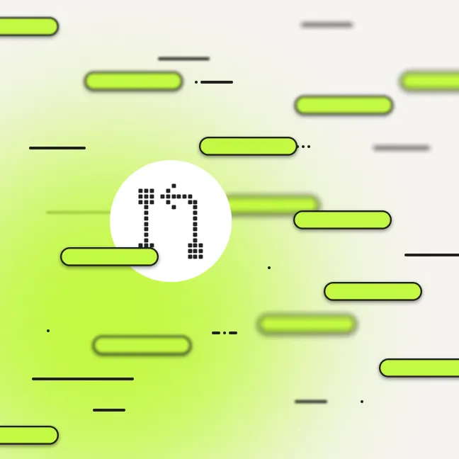 White circle with a pixelated black robotic arm icon surrounded by green and black horizontal bars on light background.