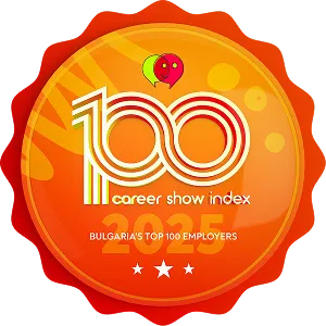 Orange badge with '100 career show index' text, Bulgaria's top 100 employers, and three white stars
