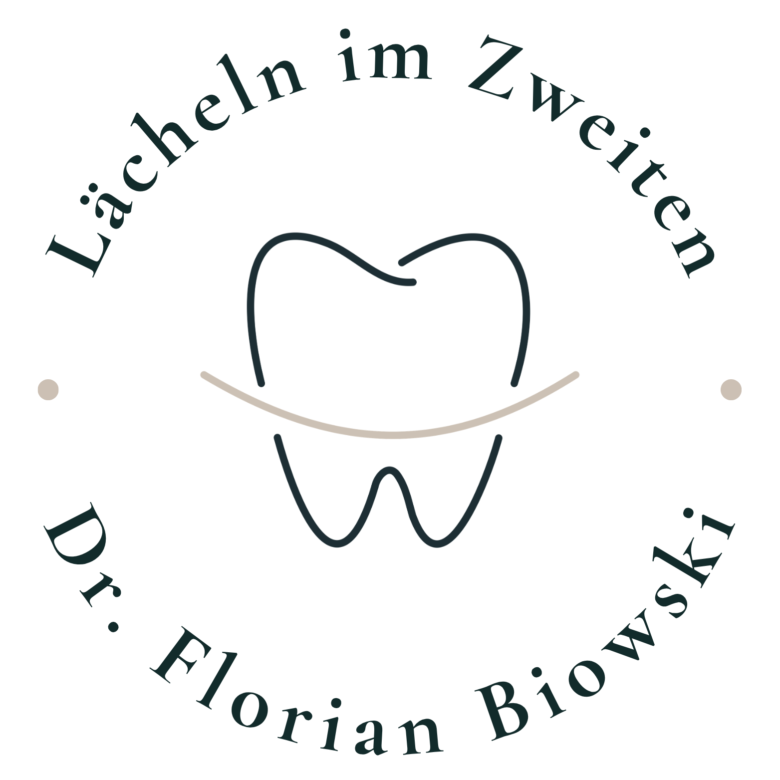 Logo zeigt Zahn mit geschwungener Linie und Text Lächeln im Zweiten Dr. Florian Biowski drumherum.