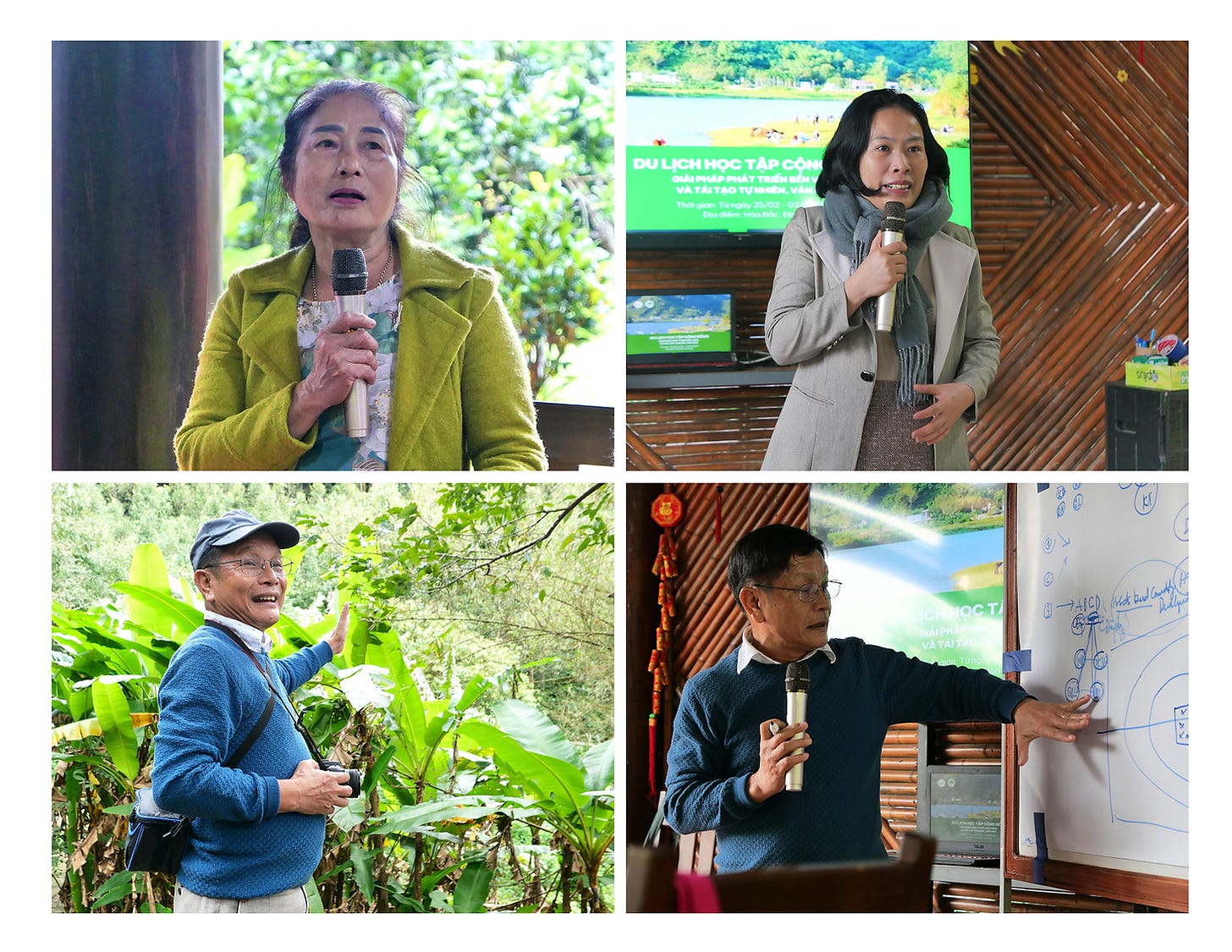 Usually, those who cook and handle logistics are not prominently featured in training, tourism, or learning programs. However, this introduction session included the very people who made this program run smoothly: the cooking team—Aunt Lắm, Aunt Phụng, Aunt Xí, Aunt Xuân, and Aunt Lý—as well as the “transportation team,” with Mr. Hưởng supporting bicycle and transportation arrangements in Hòa Bắc. Everyone was enthusiastic and open in sharing: “If you have any feedback to help us serve you better, we are more than happy to listen and improve.” This was a rare moment—where the local community was not just a passive host but an active participant in engaging with visitors. It was even more remarkable that they also expressed a genuine desire to learn from guests while eagerly sharing their own experiences and knowledge.